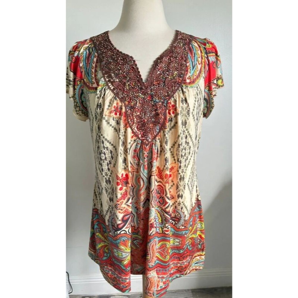 One World Boho Paisley Tunic Top Womens L Beaded Crochet V Neck Multicolor